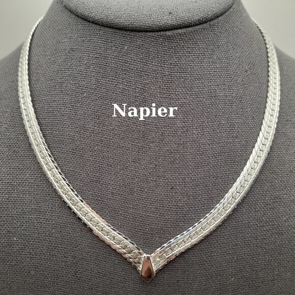 Vintage Napier Rhodium Plated Flat Chain Choker Necklace - Picture 1 of 10